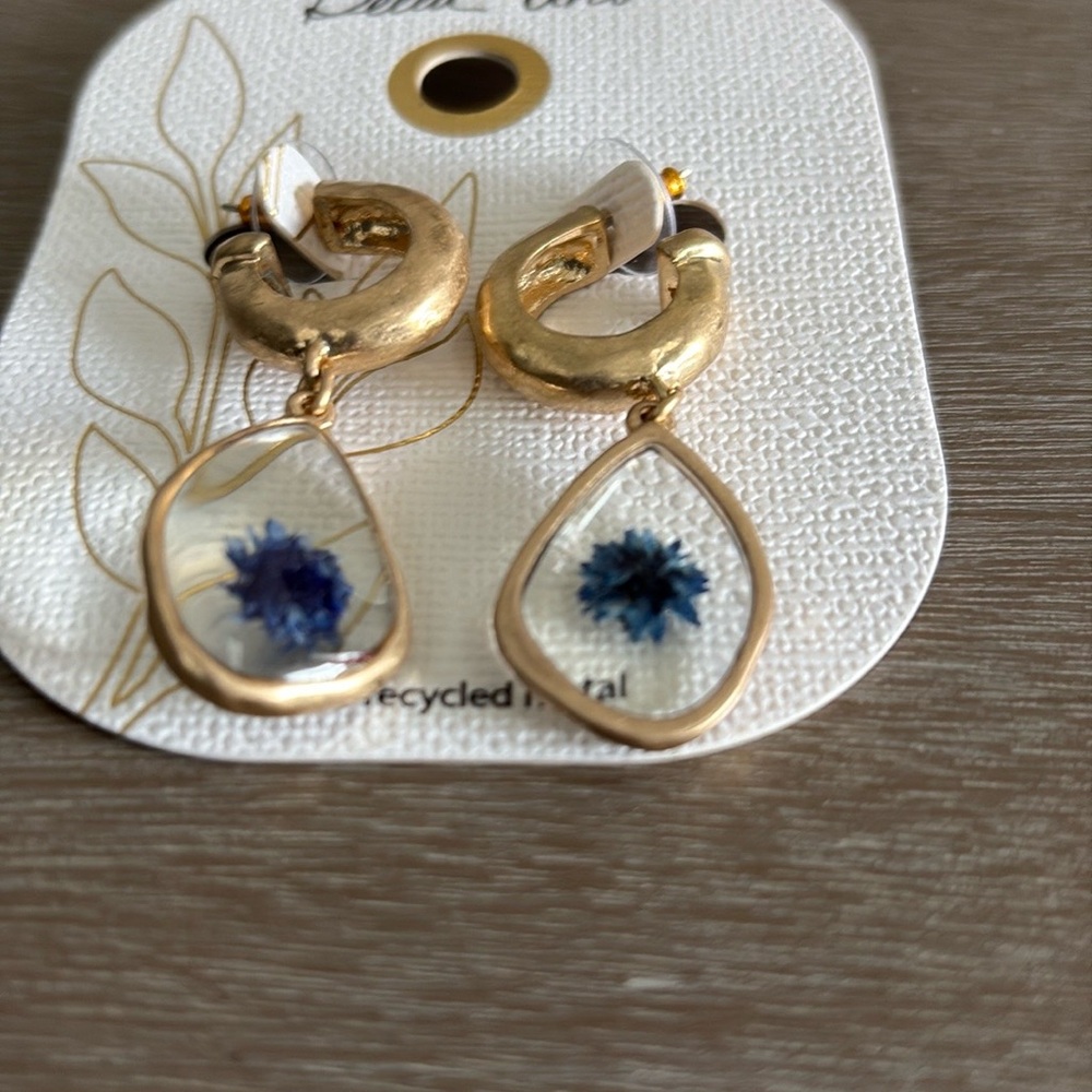 Gold and Blue Floral Hoop Earrings